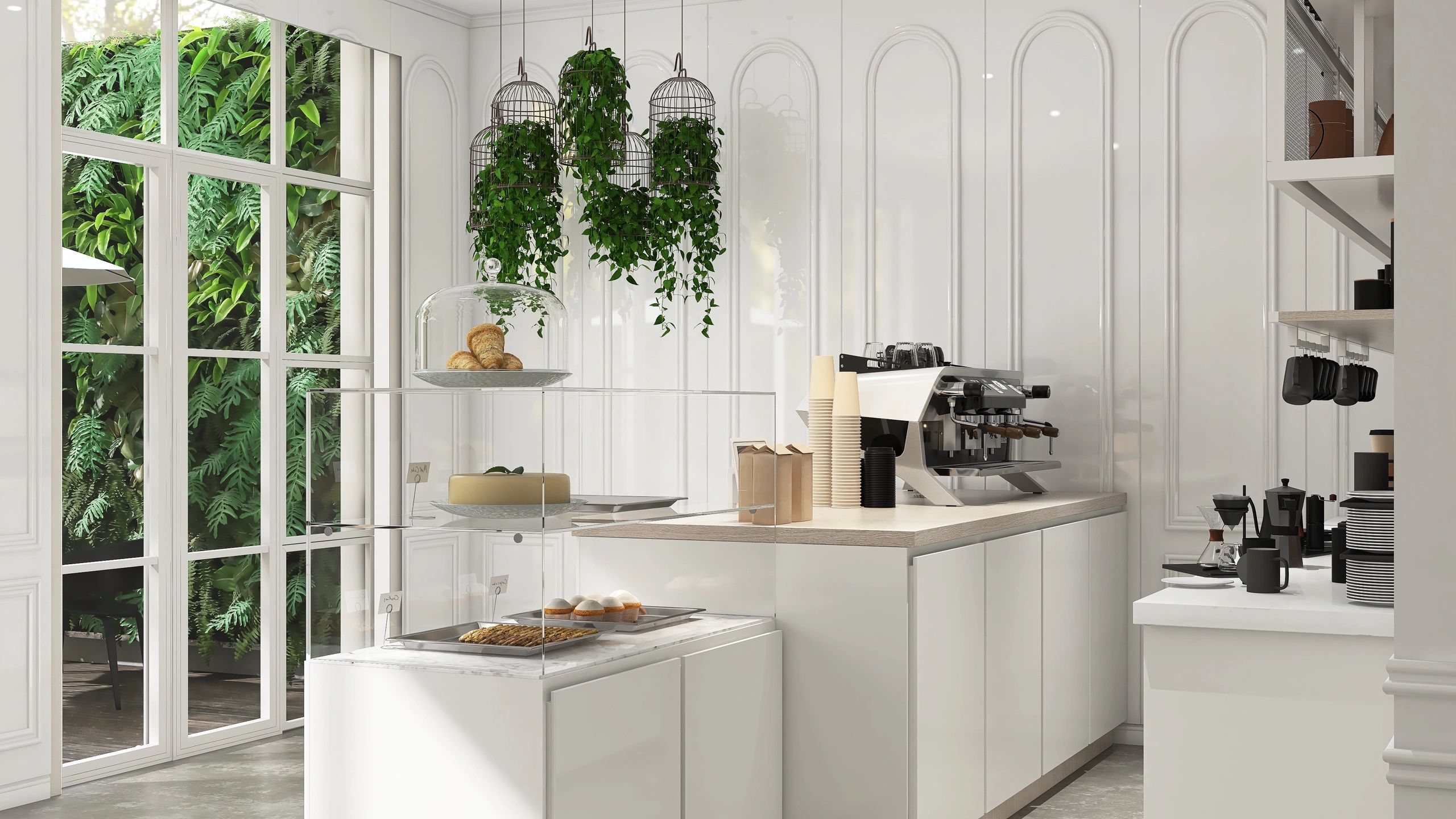 Bright upscale café interior with espresso counter