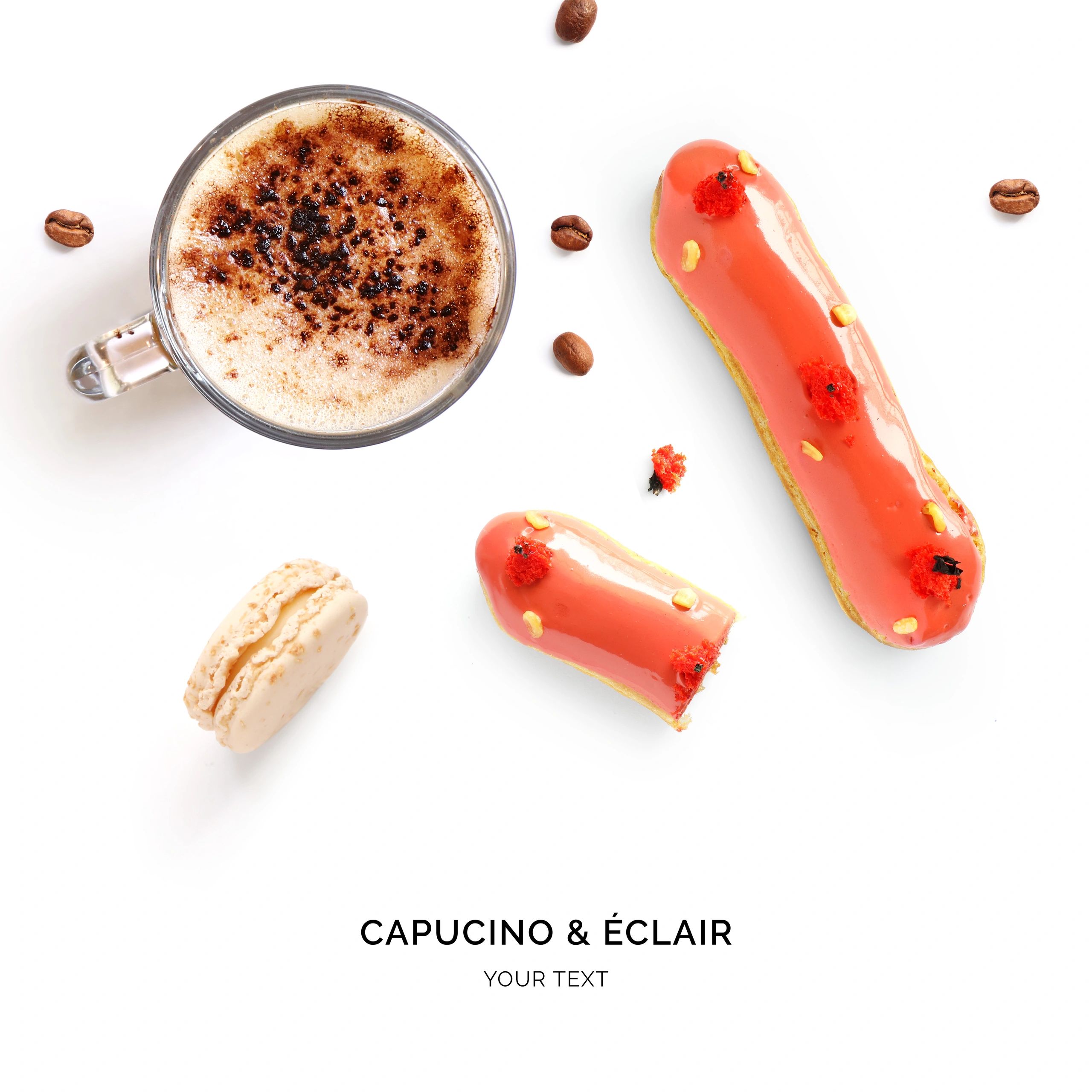 Éclair and coffee in an elegant flat lay