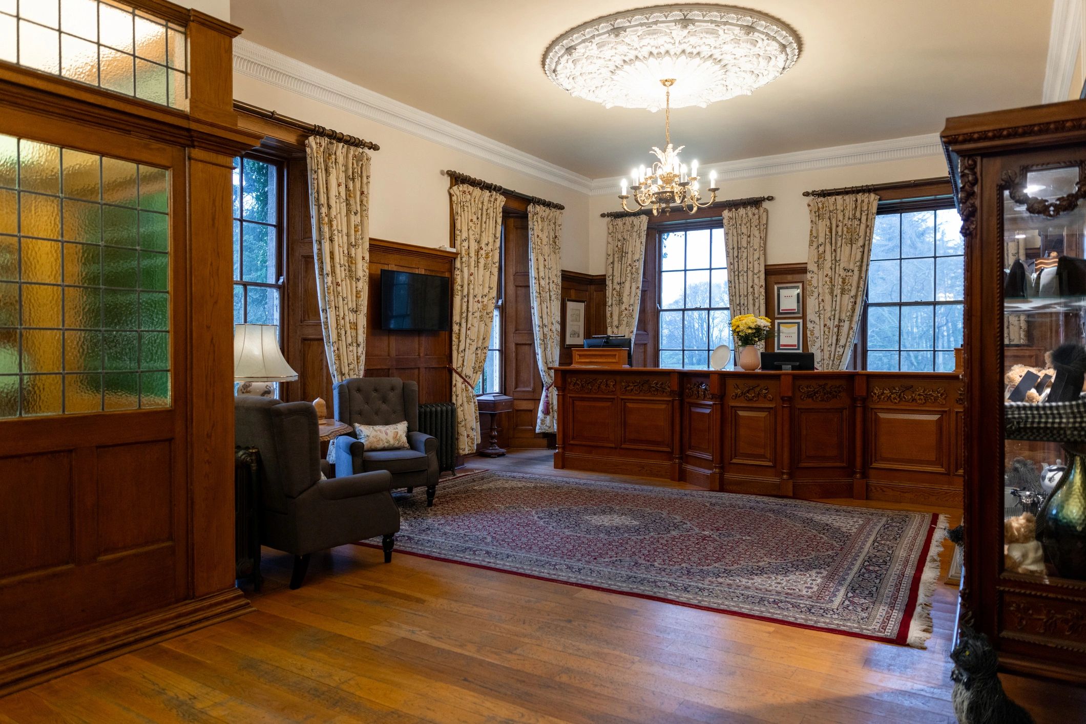 Warm hospitality interior with decorative wood details